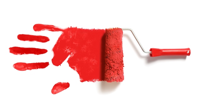 Paint roller brush with red right handprint isolated