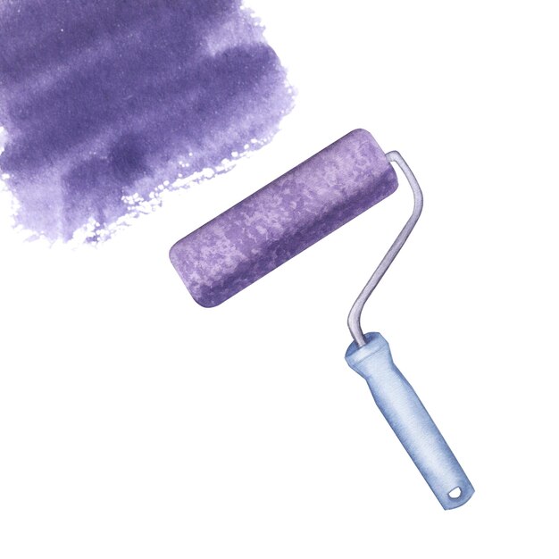 Paint roller violet stain repair tool interior Hand drawn watercolor illustration isolated