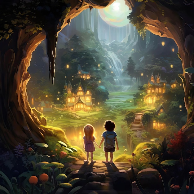 Paint a scene of friends exploring a magical and enchanting world