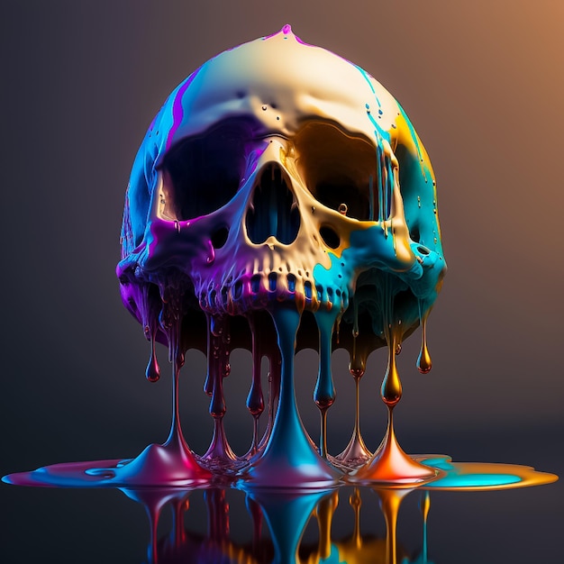 어두운 배경 인공 지능에 고립 된 다채로운 두개골에 튀는 페인트 생성