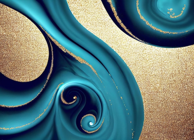 Paint Swirls in Beautiful Teal and Blue colors with Gold Powder Modern Art Background