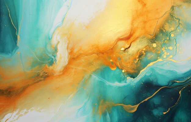 Paint Swirls in Beautiful Teal and Orange colors with Gold Powder Background