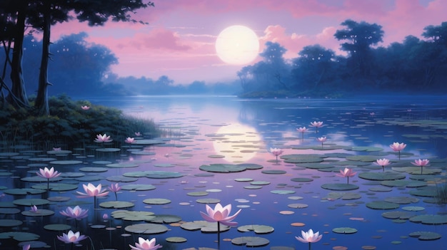 Paint a tranquil pond at twilight