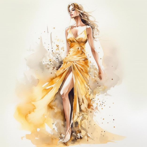 Paint a watercolour of a girl in a long yellowish dress