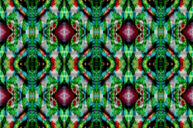 ペイント ブラシ アステカの背景。キリムラグのランダムなテクスチャー。緑、赤、グレーのパステル楽しい長方形のイカットの関係。民族のシームレスなパターン。水彩のエスニック デザイン。シェブロンの幾何学的な水着パターン。