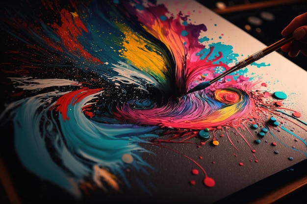 A paintbrush drawing a colorful abstract painting on a canvas