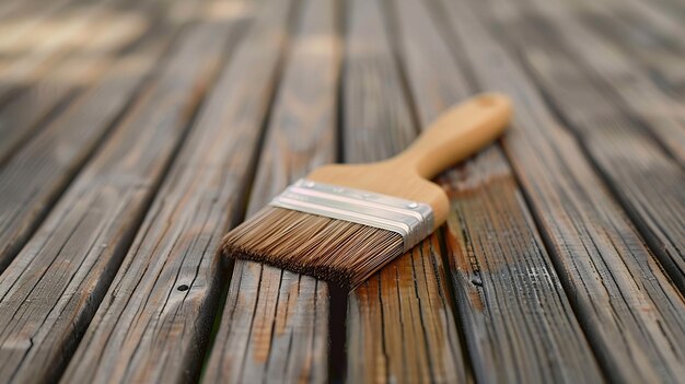Paintbrush for treating wooden decking close up shot selective focus Generative AI