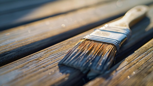 Photo paintbrush for treating wooden decking close up shot selective focus generative ai