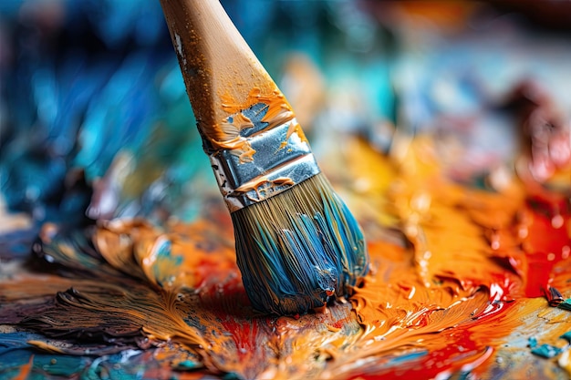 A paintbrush with paint on it is being used to paint a colorful palette.