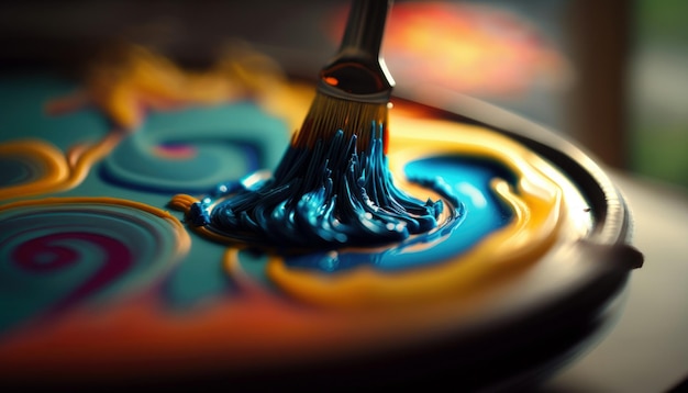 A paintbrush with a paintbrush in it is being dipped in paint.