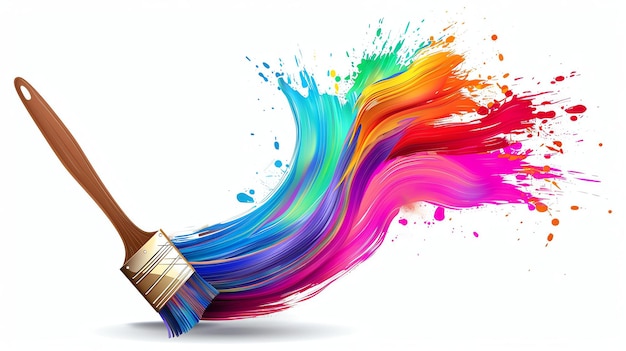 A paintbrush with a rainbow of colors flowing from it The colors are bright and vibrant and the brush is held at a jaunty angle