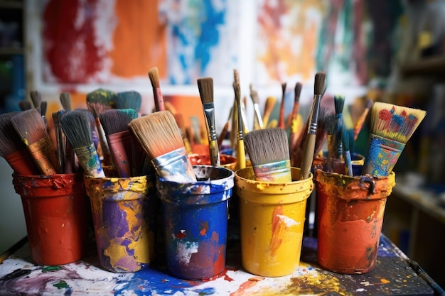 Paintbrushes dipped in paint pots inside an art studio