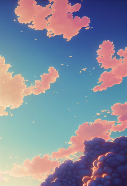 毛深いピンクの雲が描かれた空のアニメの背景