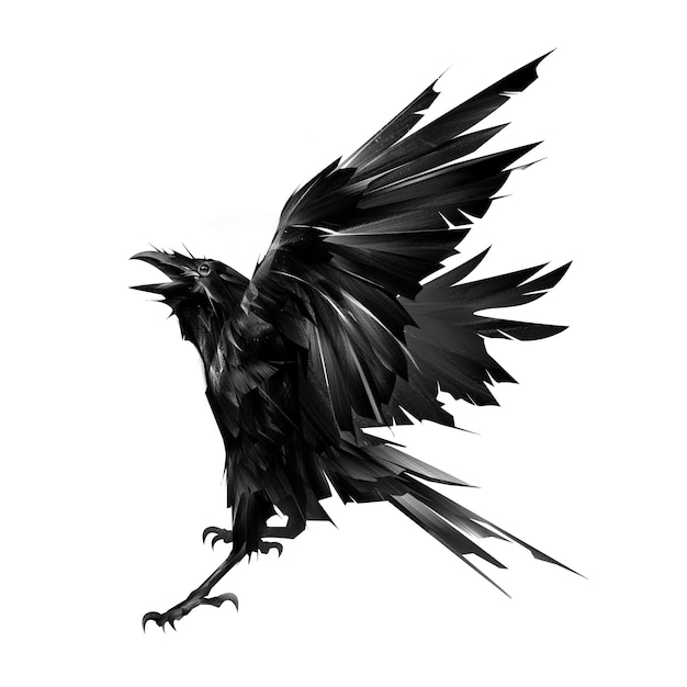painted attacking raven in flight from the side