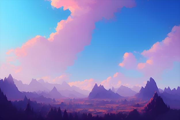 a painted background of a morning in a mountains with blur sky