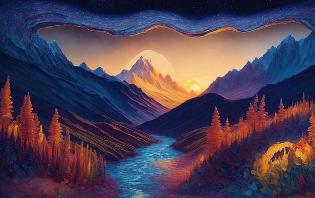 Painted a beautiful landscape of mountains sky river