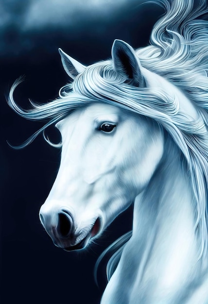 Painted beautiful white racehorse on a black background