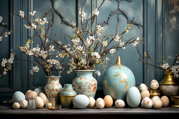 Окрашенные в синие золотые яйца и белые цветы в интерьере