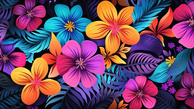 Painted bright colors flowers Drawn flowers design elements on black background