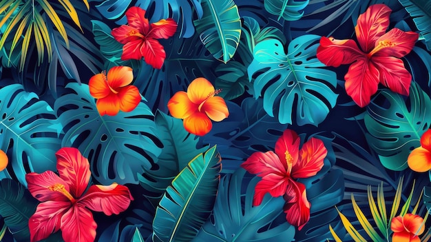 Foto fiori brillanti dipinti e foglie blu-verdi della monstera sullo sfondo floreale tropicale