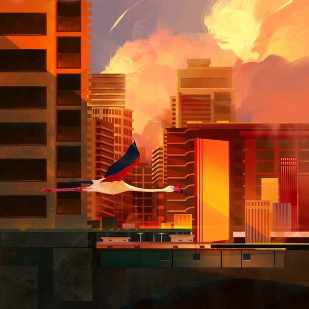 Photo painted bright future cityscape with flamingo bird