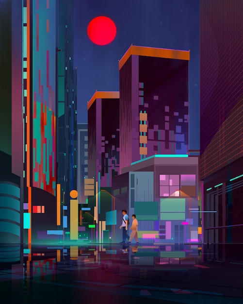 Painted bright night cityscape with street and pedestrians