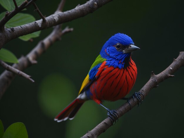 Painted bunting Realistic beautiful bird on the brunch of tree Forest Background Ai generated