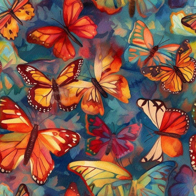 Painted butterflies seamless pattern created with generative AI