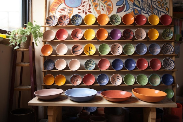 Painted clay plates and bowls on a drying rack