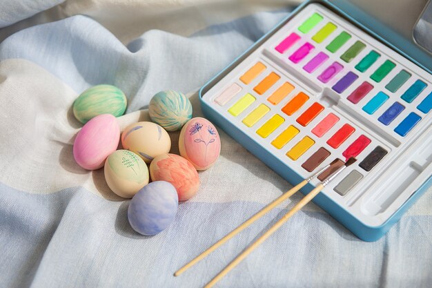 Painted colorful Easter eggs that are painted with watercolor paint