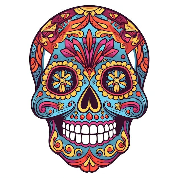 Painted colorful large human skull For the day of the dead and halloween white isolated background