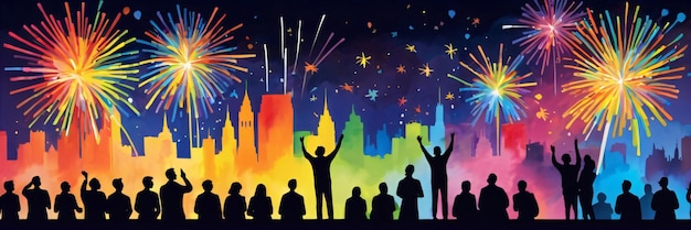 Foto diverse persone lgbt dipinte alzano le mani e guardano i fuochi d'artificio dell'arcobaleno nel mese dell'orgoglio