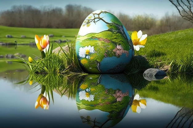 A painted easter egg sits in the grass with flowers in the background.