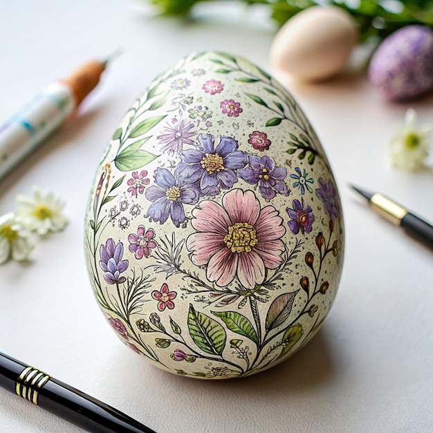 Photo a painted easter egg with flowers and a pencil