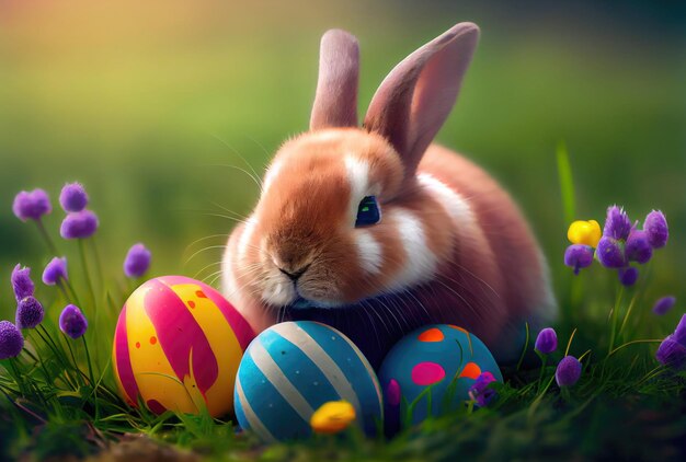 Painted Easter eggs and cute rabbit in the nest Generative AI
