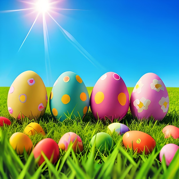 Painted Easter eggs on green grass against a blue sunny sky Generative AI