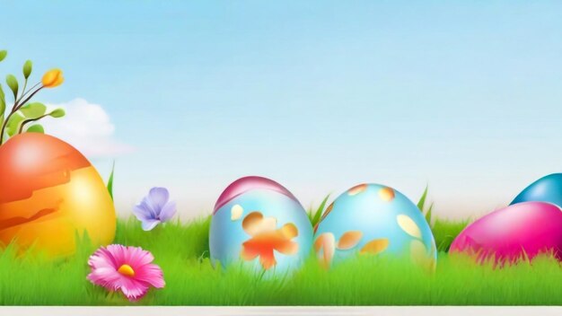 Painted Easter eggs on green grass against color background space for text