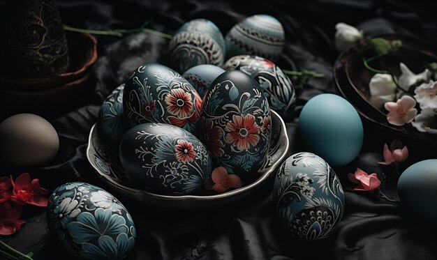 Рисованные пасхальные яйца на тарелке на темном столе, созданные искусственным интеллектом.