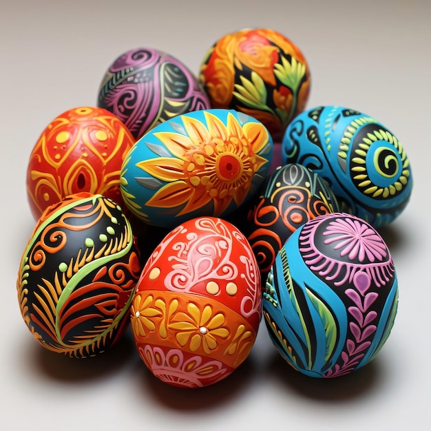 Painted easter eggs on a white background closeup