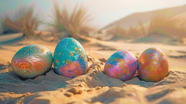 Painted Easter eggs with golden sequins in the desert sands