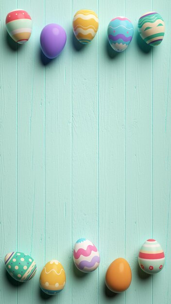 painted easter eggs on a wooden blue table background for social media post