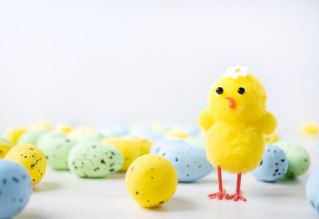 Painted easter eggs and yellow little chicken isolated on white background