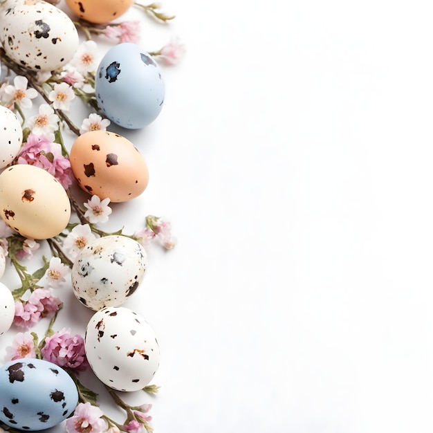 Painted Easter quail eggs and springtime flowers over white background Spring holidays concept