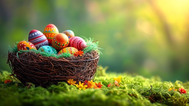 Painted Eggs in Basket on Mossy Ground