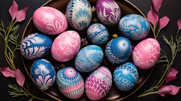 painted eggs in a colorful arrangement of blue and pink