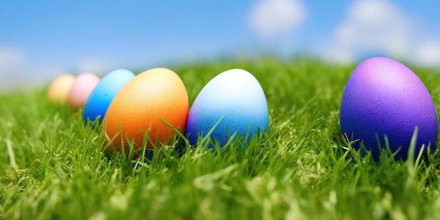 Painted eggs in green grass