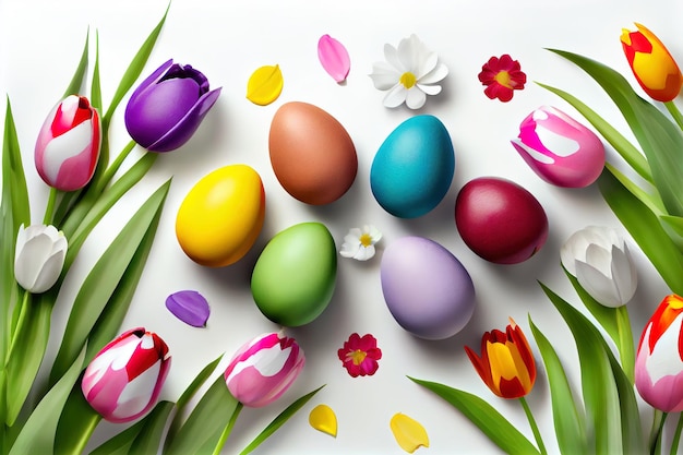 Painted eggs  with tulips on a white background