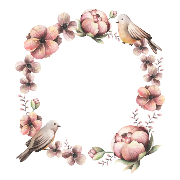 花と鳥のペイントされたフレーム花と鳥の円の描画xA