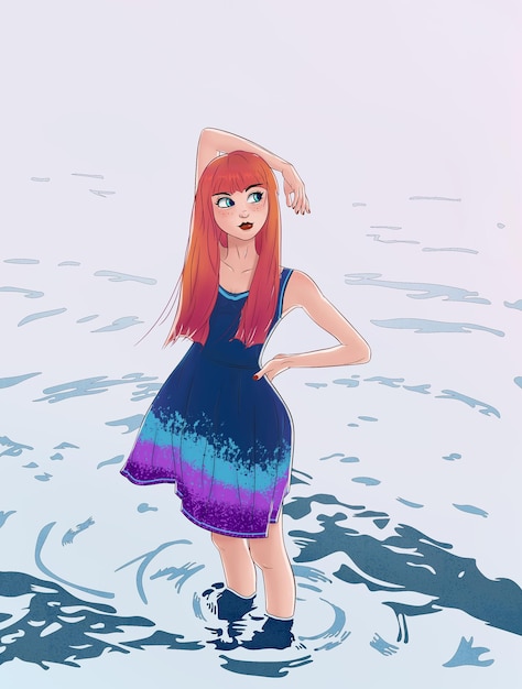 Painted girl teenager with big eyes and red hair in beautiful dress stands in water linear drawing