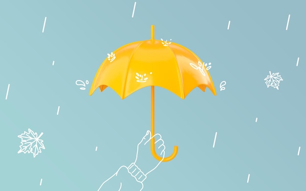 パステルブルーの背景の3dイラストに雨の中で傘を持って描かれた手